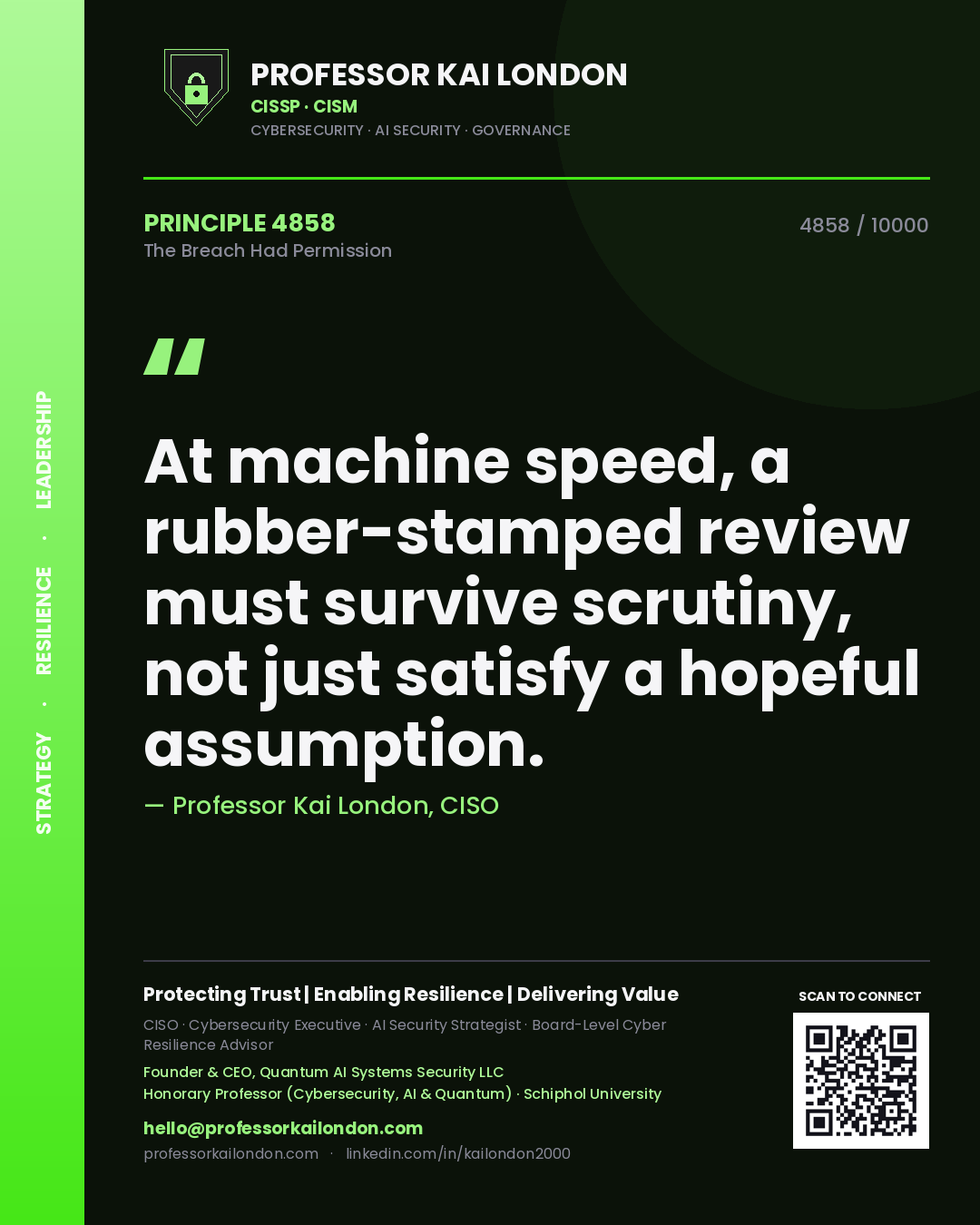 Professor Kai London principle 4858: At machine speed, a rubber-stamped review must survive scrutiny, not just satisfy a hopeful assumption.