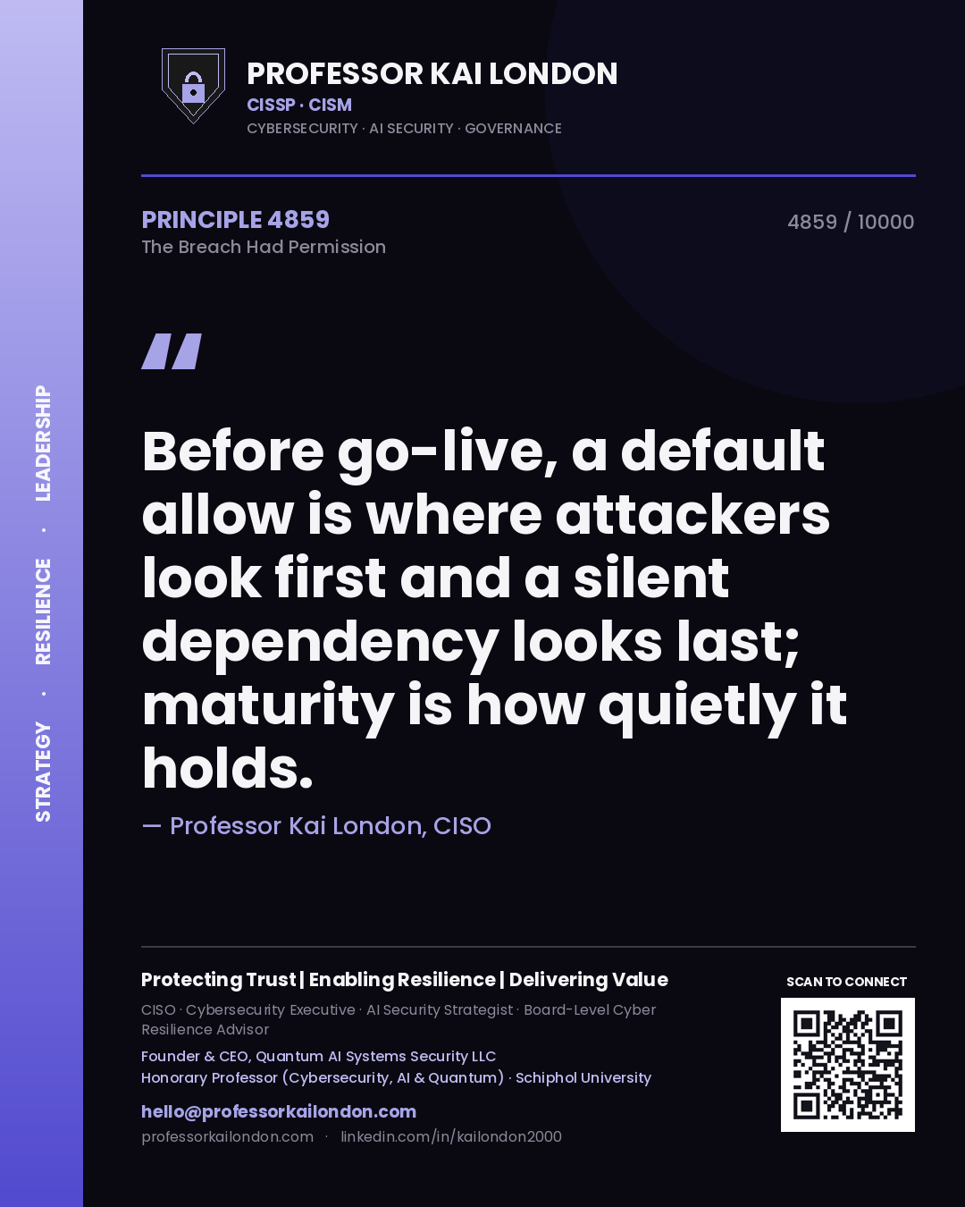 Professor Kai London principle 4859: Before go-live, a default allow is where attackers look first and a silent dependency looks last; maturity is how quietly it holds.