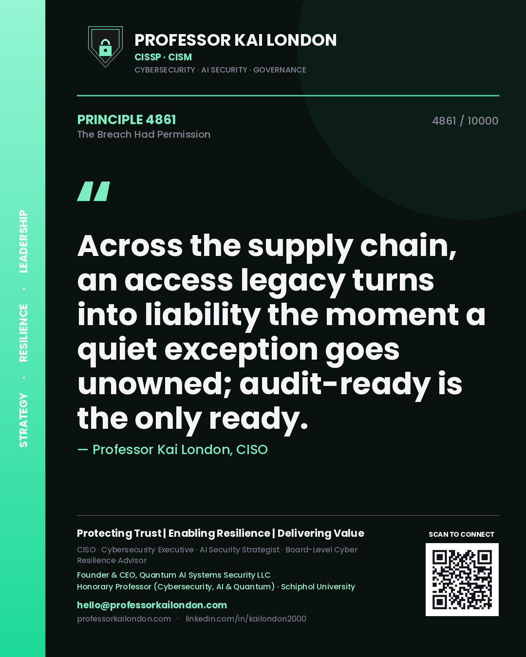 Quote card by Professor Kai London reading 'Across the supply chain, an access legacy turns into liability the moment a quiet exception goes unowned; audit-ready is the only ready.'. From the book The Breach Had Permission.