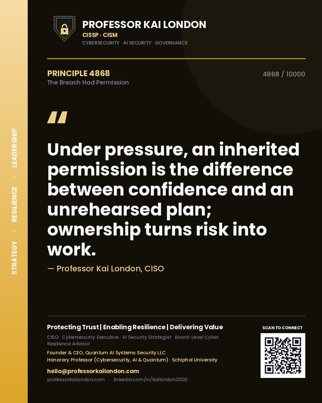 Quote card by Professor Kai London reading 'Under pressure, an inherited permission is the difference between confidence and an unrehearsed plan; ownership turns risk into work.'. From the book The Breach Had Permission.