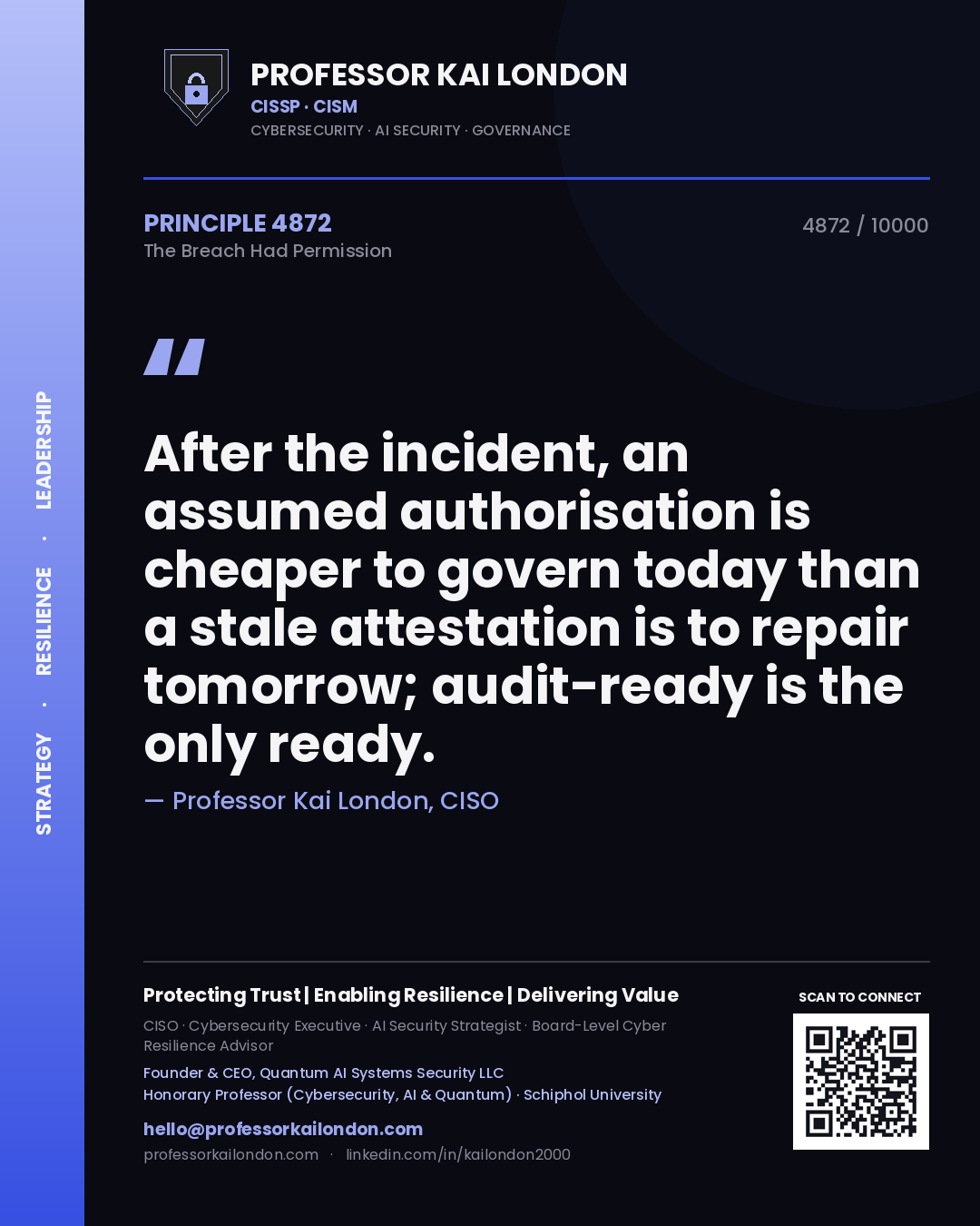 Professor Kai London principle 4872: After the incident, an assumed authorisation is cheaper to govern today than a stale attestation is to repair tomorrow; audit-ready is the only ready.