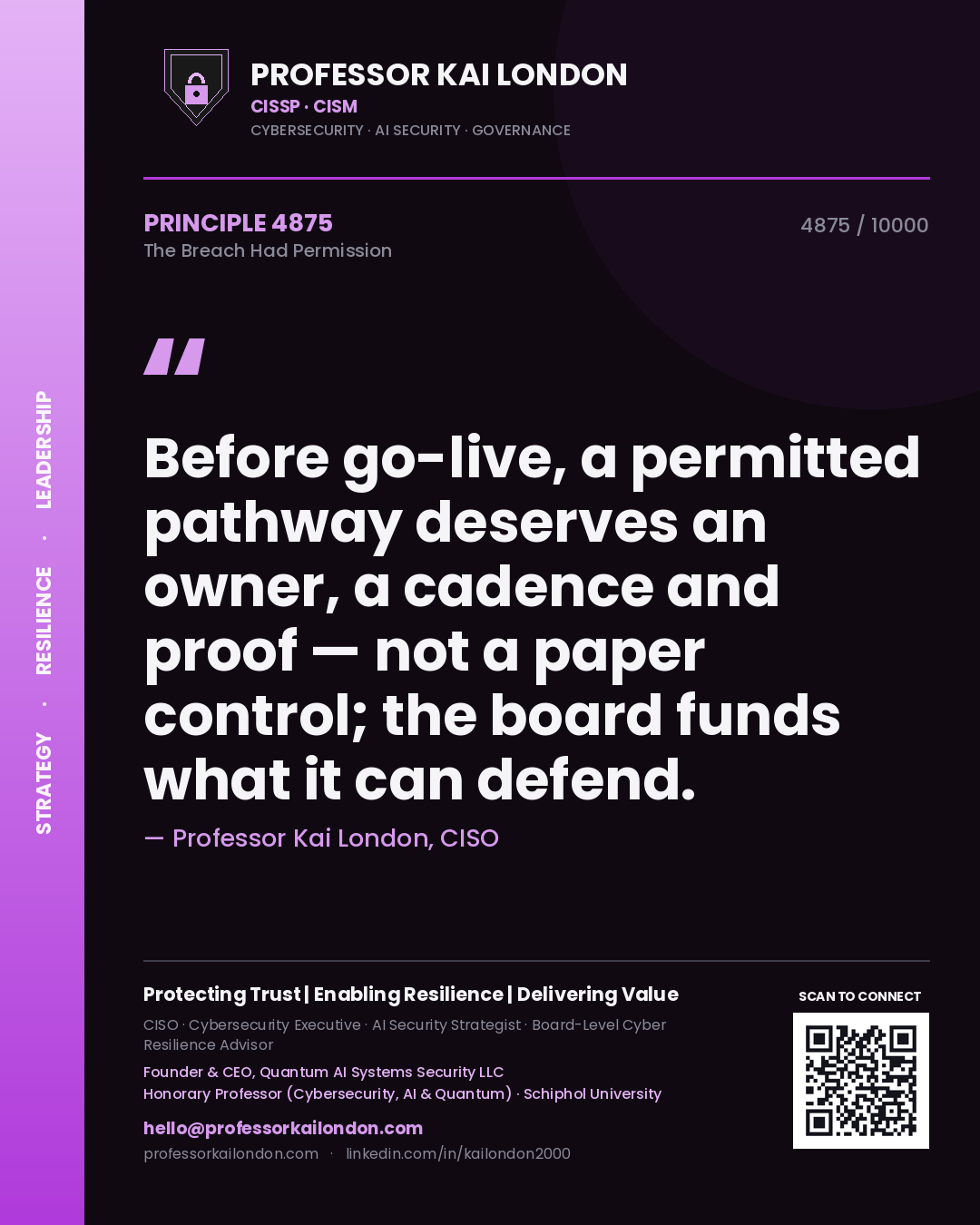 Quote card by Professor Kai London reading 'Before go-live, a permitted pathway deserves an owner, a cadence and proof — not a paper control; the board funds what it can defend.'. From the book The Breach Had Permission.