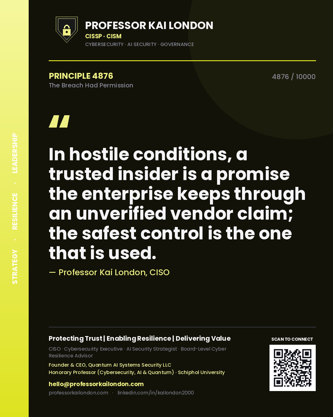 Quote card by Professor Kai London reading 'In hostile conditions, a trusted insider is a promise the enterprise keeps through an unverified vendor claim; the safest control is the one that is used.'. From the book The Breach Had Permission.