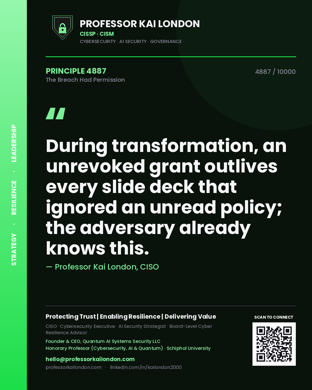 Professor Kai London principle 4887: During transformation, an unrevoked grant outlives every slide deck that ignored an unread policy; the adversary already knows this.