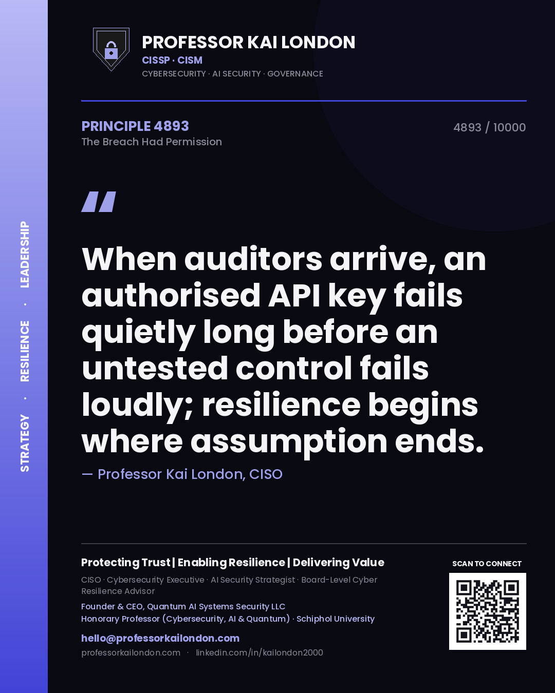 Quote card by Professor Kai London reading 'When auditors arrive, an authorised API key fails quietly long before an untested control fails loudly; resilience begins where assumption ends.'. From the book The Breach Had Permission.