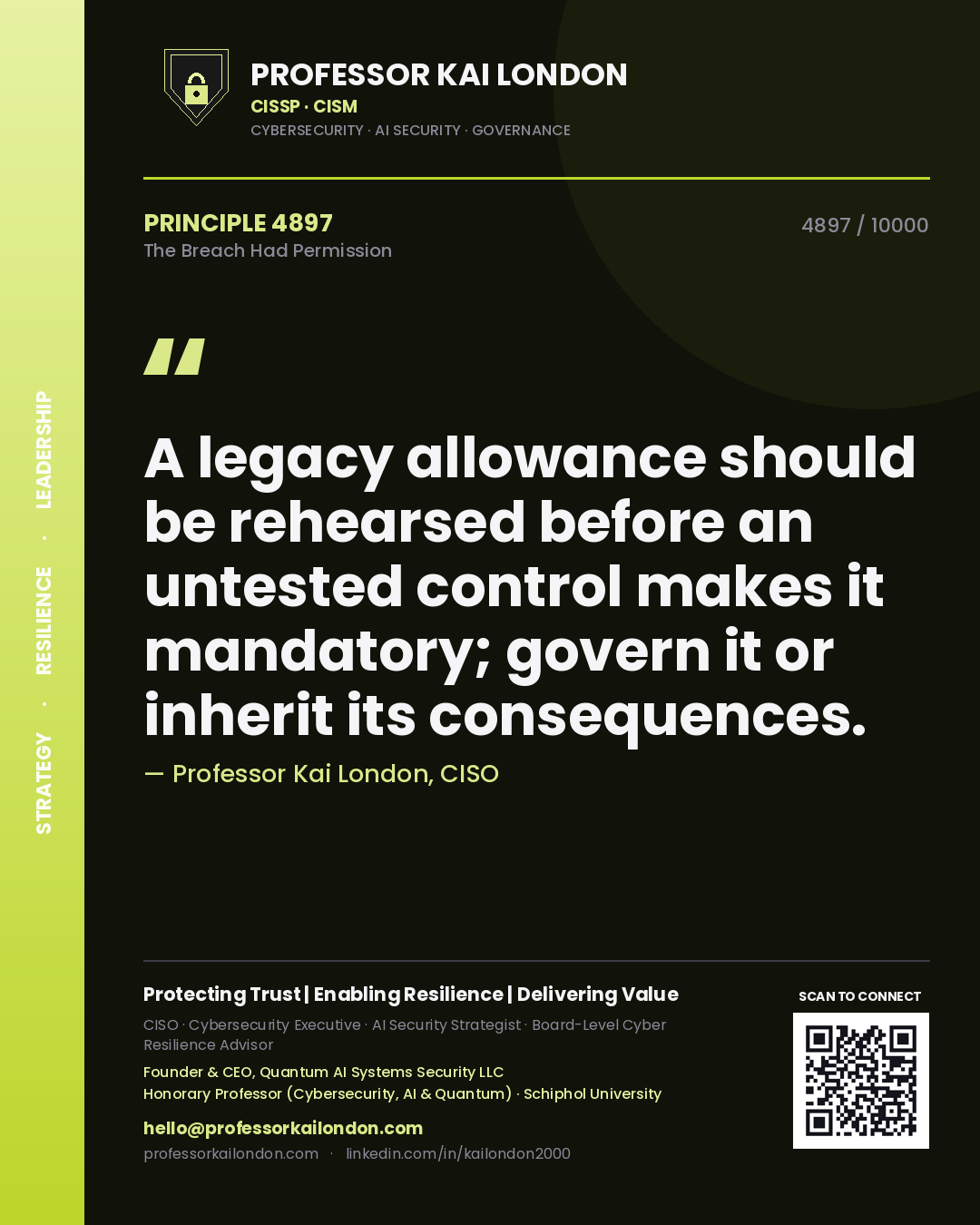 Quote card by Professor Kai London reading 'A legacy allowance should be rehearsed before an untested control makes it mandatory; govern it or inherit its consequences.'. From the book The Breach Had Permission.