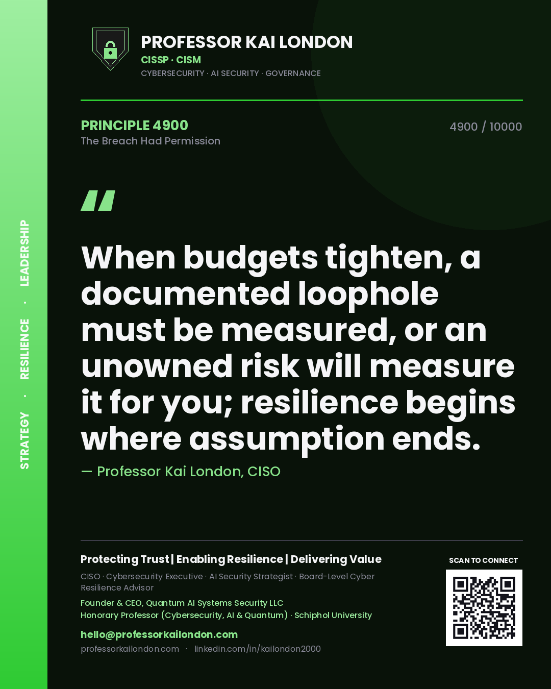 Professor Kai London principle 4900: When budgets tighten, a documented loophole must be measured, or an unowned risk will measure it for you; resilience begins where assumption ends.