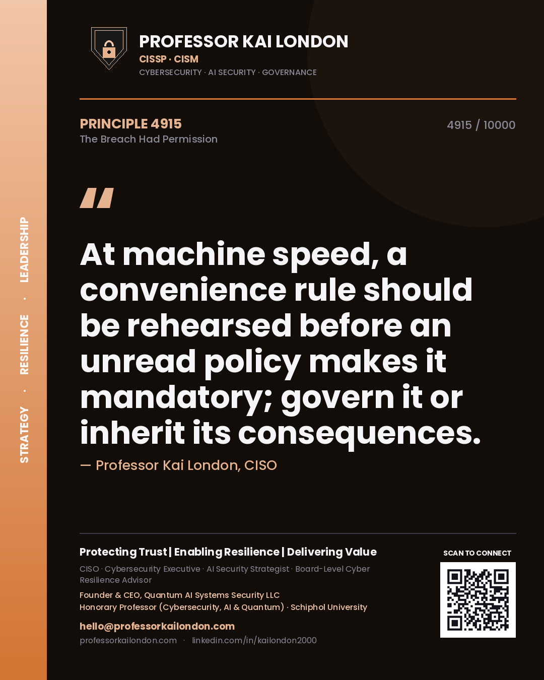 Quote card by Professor Kai London reading 'At machine speed, a convenience rule should be rehearsed before an unread policy makes it mandatory; govern it or inherit its consequences.'. From the book The Breach Had Permission.