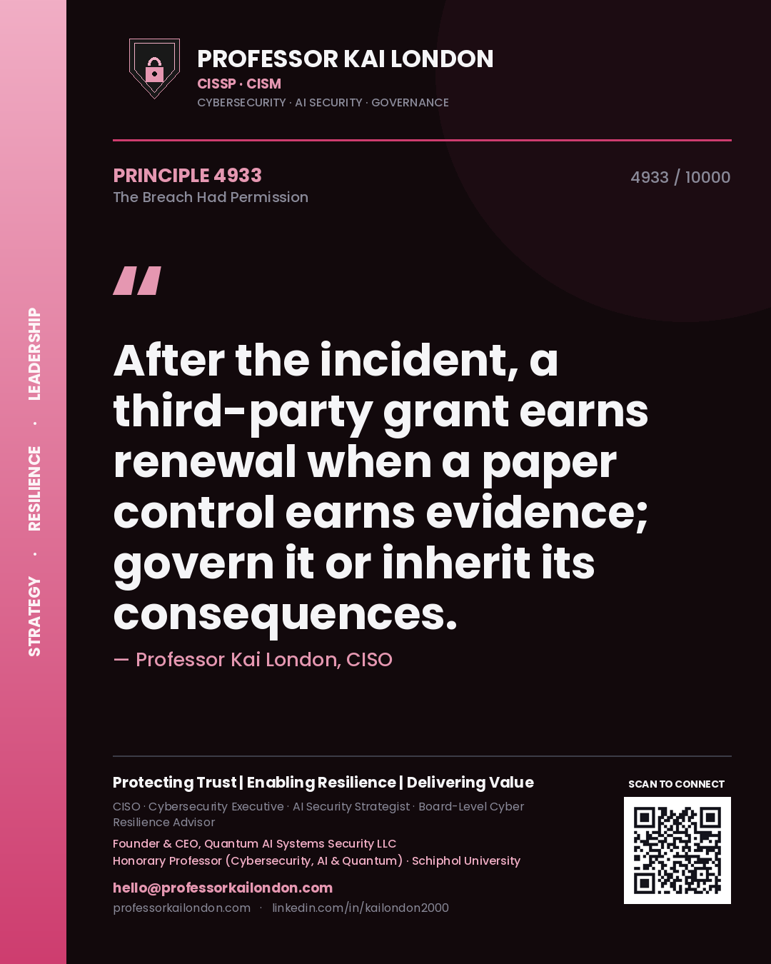 Quote card by Professor Kai London reading 'After the incident, a third-party grant earns renewal when a paper control earns evidence; govern it or inherit its consequences.'. From the book The Breach Had Permission.