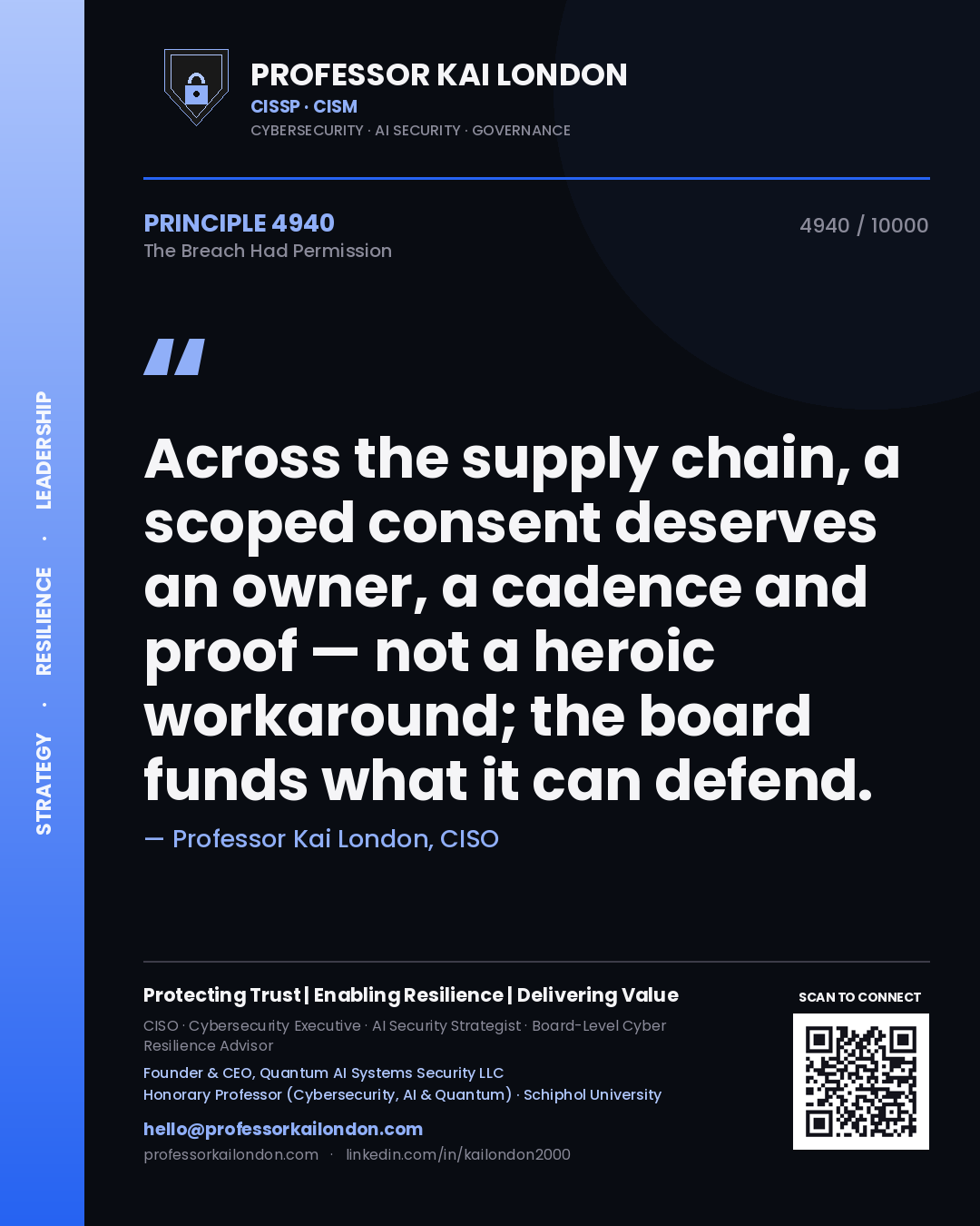 Professor Kai London principle 4940: Across the supply chain, a scoped consent deserves an owner, a cadence and proof — not a heroic workaround; the board funds what it can defend.