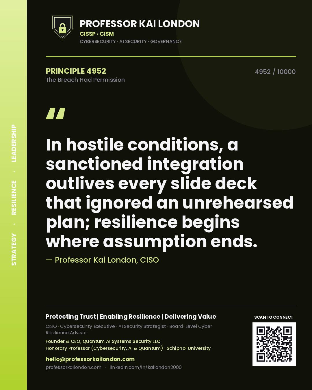 Quote card by Professor Kai London reading 'In hostile conditions, a sanctioned integration outlives every slide deck that ignored an unrehearsed plan; resilience begins where assumption ends.'. From the book The Breach Had Permission.