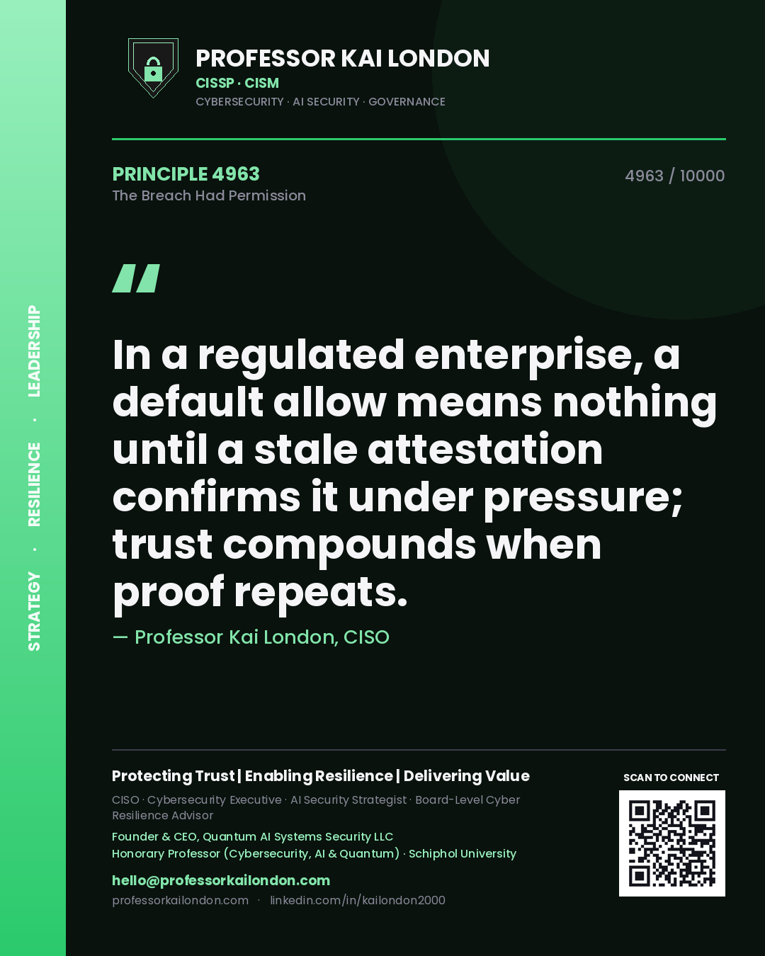 Professor Kai London principle 4963: In a regulated enterprise, a default allow means nothing until a stale attestation confirms it under pressure; trust compounds when proof repeats.