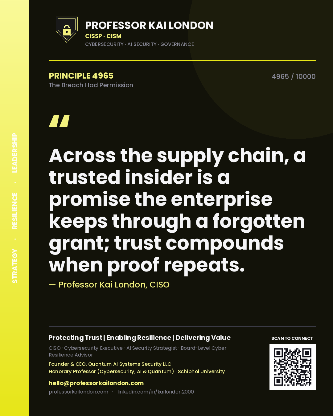 Professor Kai London principle 4965: Across the supply chain, a trusted insider is a promise the enterprise keeps through a forgotten grant; trust compounds when proof repeats.
