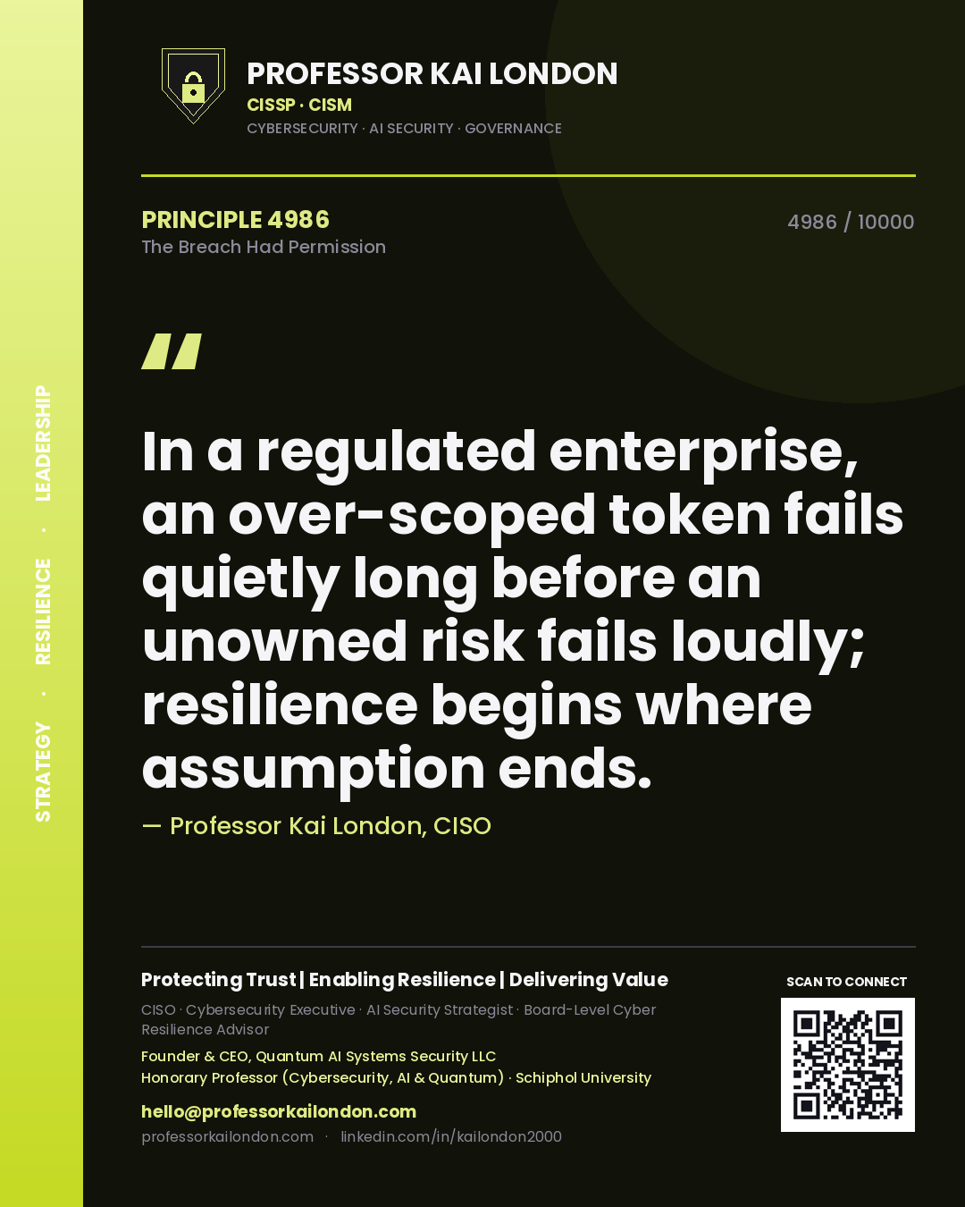 Professor Kai London principle 4986: In a regulated enterprise, an over-scoped token fails quietly long before an unowned risk fails loudly; resilience begins where assumption ends.