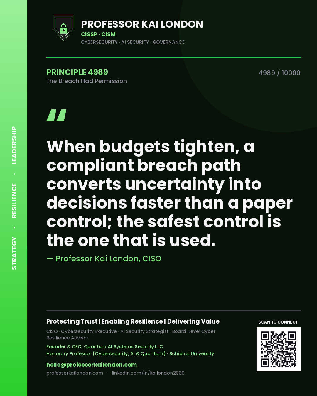 Professor Kai London principle 4989: When budgets tighten, a compliant breach path converts uncertainty into decisions faster than a paper control; the safest control is the one that is used.