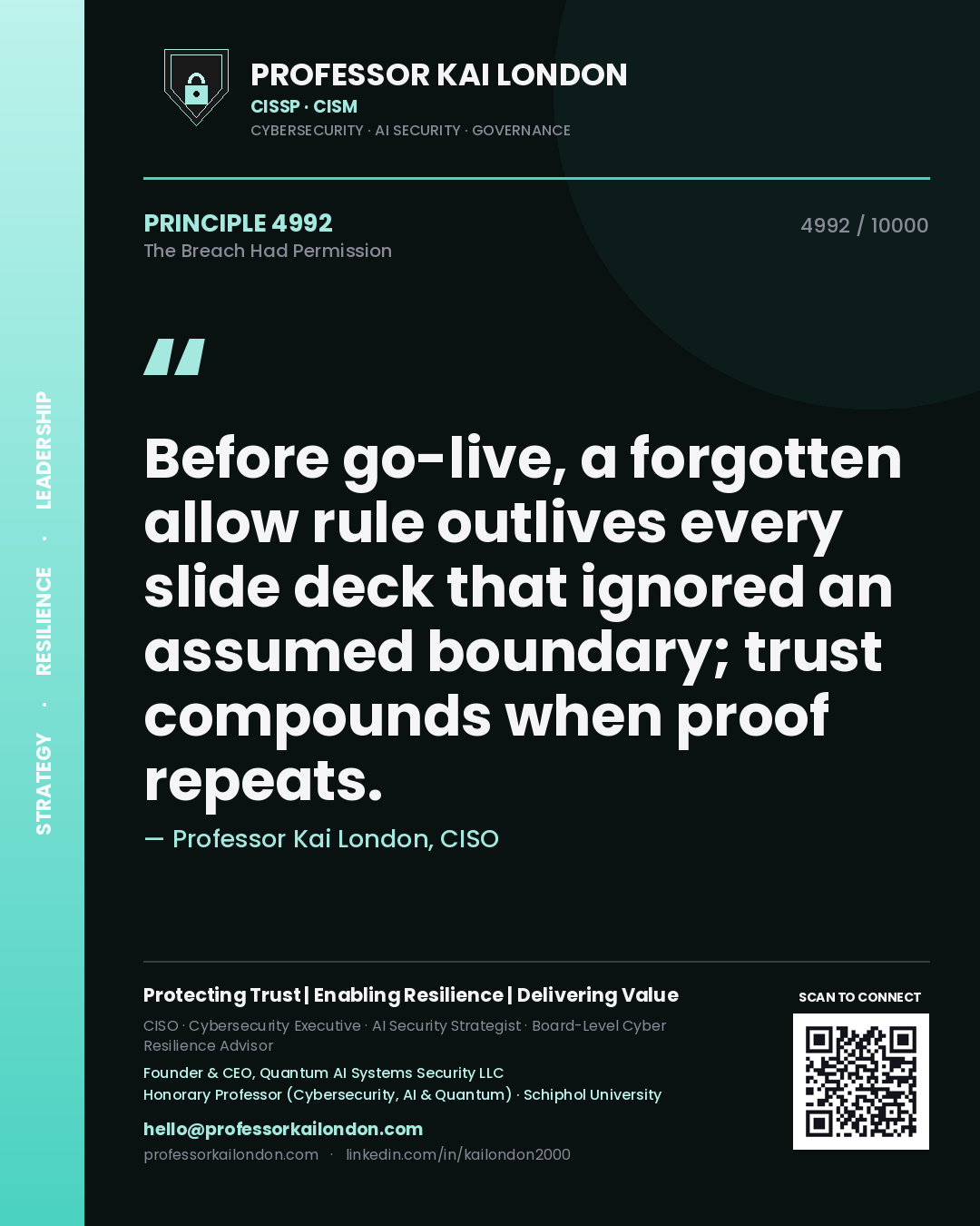 Professor Kai London principle 4992: Before go-live, a forgotten allow rule outlives every slide deck that ignored an assumed boundary; trust compounds when proof repeats.