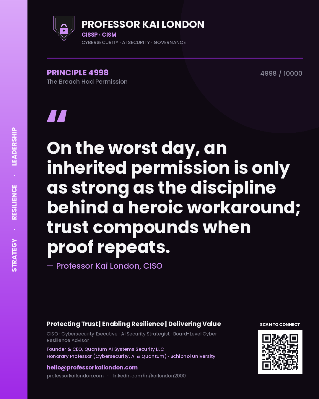 Professor Kai London principle 4998: On the worst day, an inherited permission is only as strong as the discipline behind a heroic workaround; trust compounds when proof repeats.