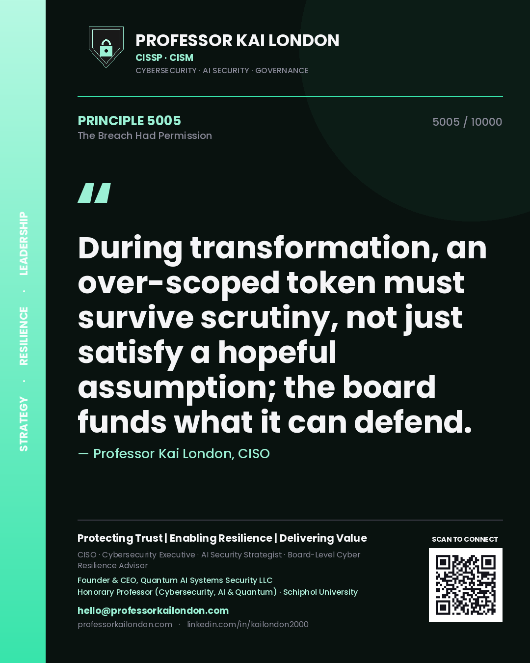 Professor Kai London principle 5005: During transformation, an over-scoped token must survive scrutiny, not just satisfy a hopeful assumption; the board funds what it can defend.