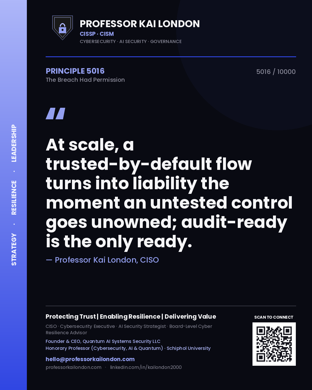 Quote card by Professor Kai London reading 'At scale, a trusted-by-default flow turns into liability the moment an untested control goes unowned; audit-ready is the only ready.'. From the book The Breach Had Permission.