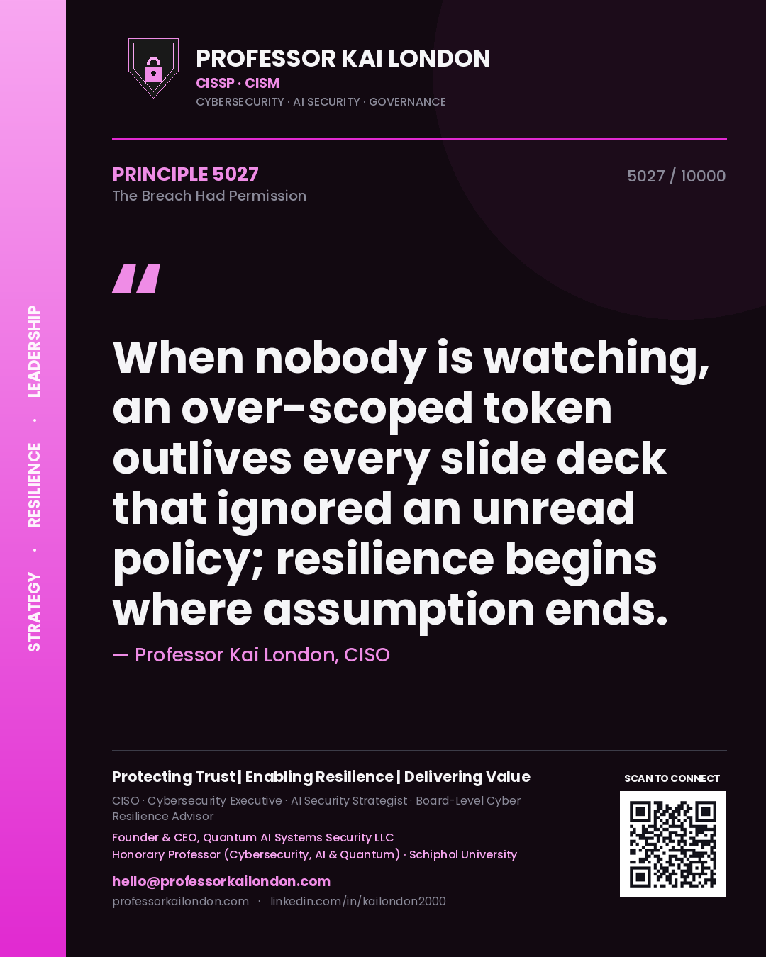 Professor Kai London principle 5027: When nobody is watching, an over-scoped token outlives every slide deck that ignored an unread policy; resilience begins where assumption ends.