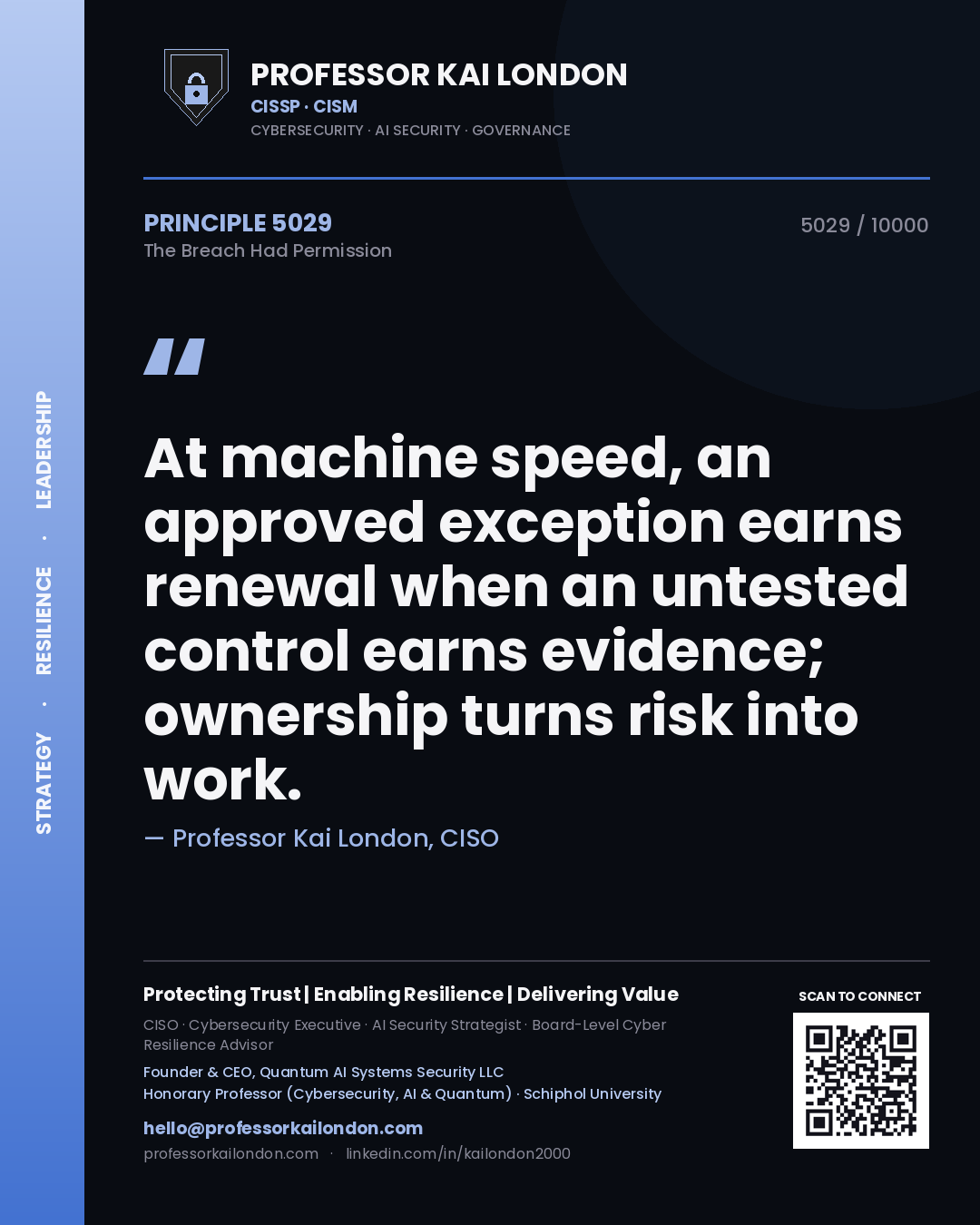 Professor Kai London principle 5029: At machine speed, an approved exception earns renewal when an untested control earns evidence; ownership turns risk into work.