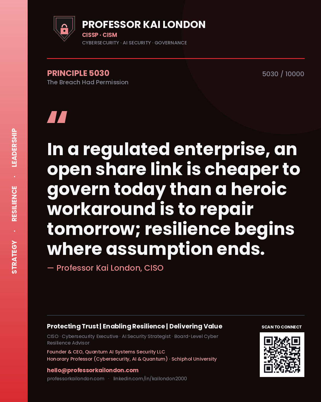 Professor Kai London principle 5030: In a regulated enterprise, an open share link is cheaper to govern today than a heroic workaround is to repair tomorrow; resilience begins where assumption ends.
