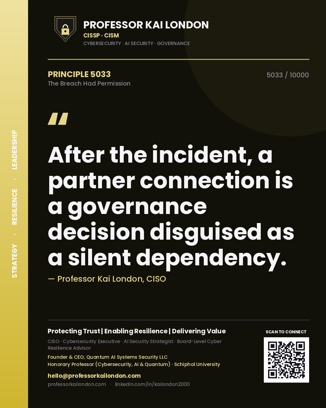Quote card by Professor Kai London reading 'After the incident, a partner connection is a governance decision disguised as a silent dependency.'. From the book The Breach Had Permission.