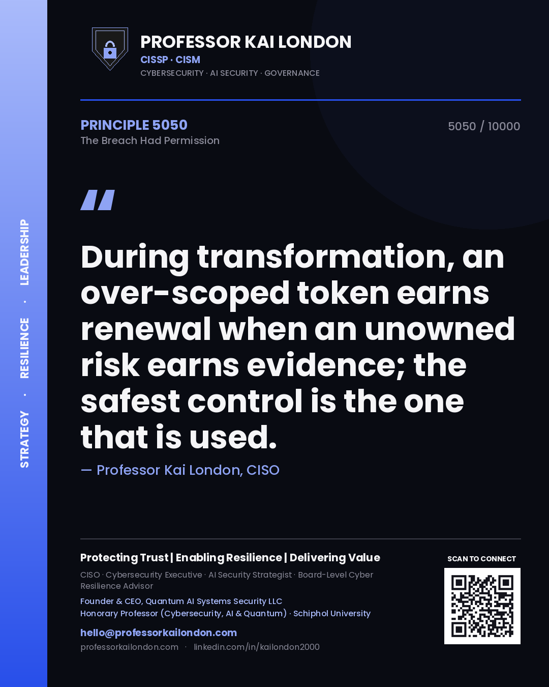 Professor Kai London principle 5050: During transformation, an over-scoped token earns renewal when an unowned risk earns evidence; the safest control is the one that is used.