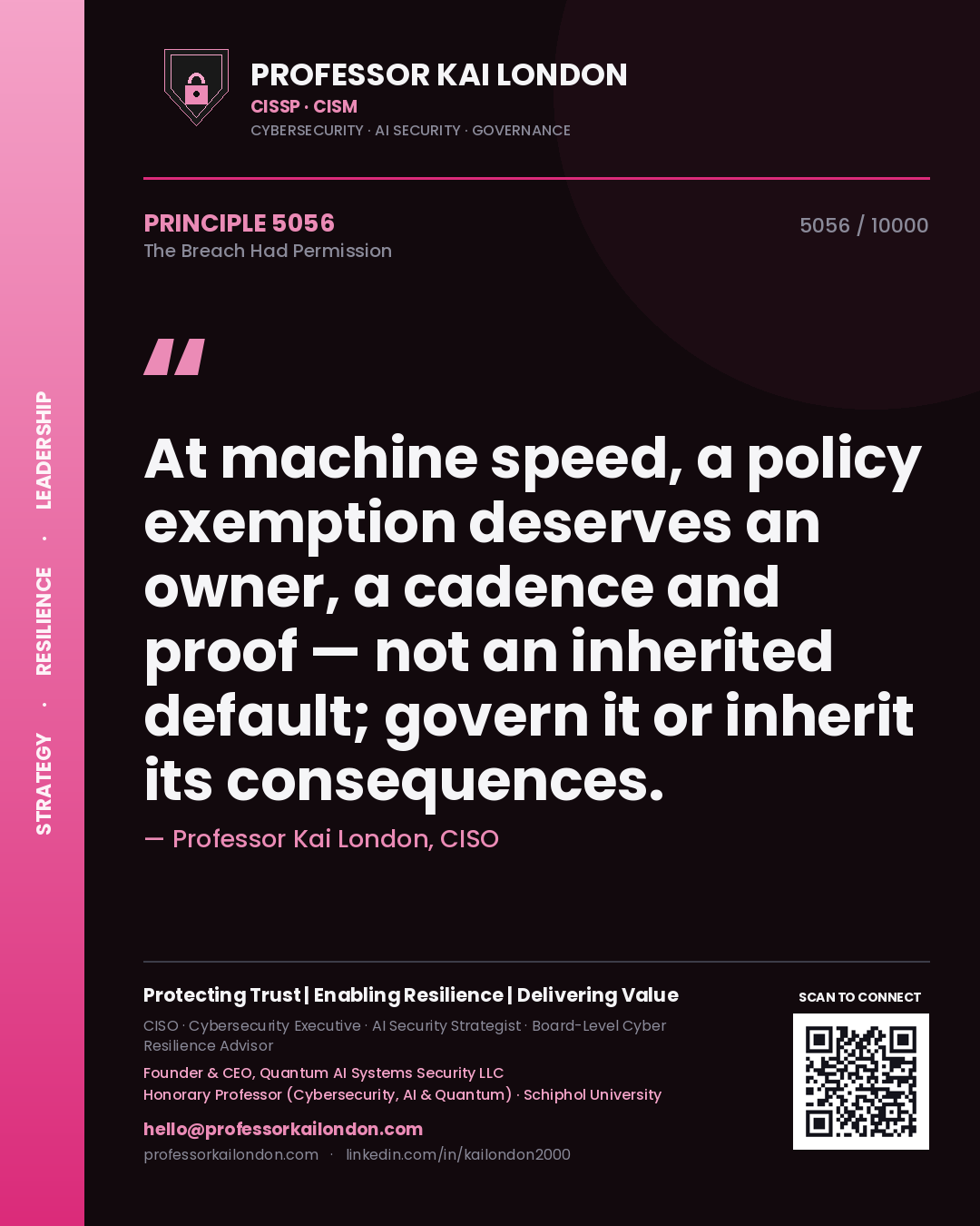 Professor Kai London principle 5056: At machine speed, a policy exemption deserves an owner, a cadence and proof — not an inherited default; govern it or inherit its consequences.