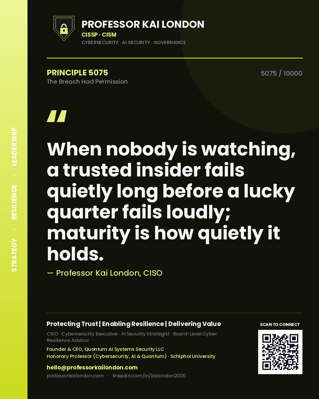 Professor Kai London principle 5075: When nobody is watching, a trusted insider fails quietly long before a lucky quarter fails loudly; maturity is how quietly it holds.