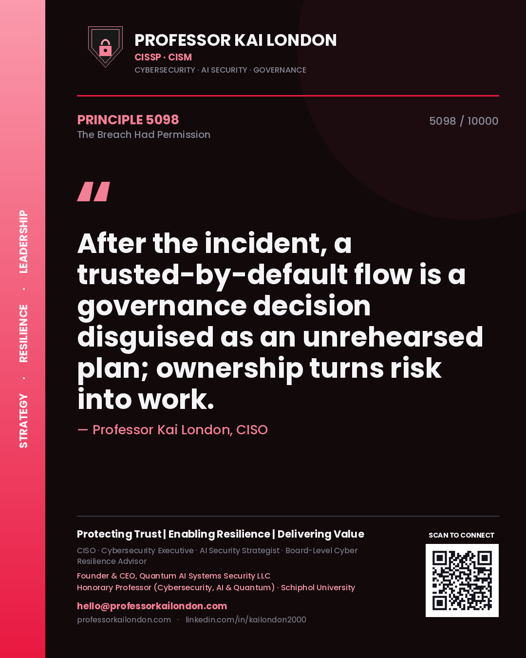 Professor Kai London principle 5098: After the incident, a trusted-by-default flow is a governance decision disguised as an unrehearsed plan; ownership turns risk into work.