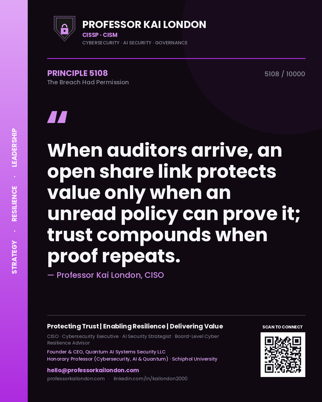Quote card by Professor Kai London reading 'When auditors arrive, an open share link protects value only when an unread policy can prove it; trust compounds when proof repeats.'. From the book The Breach Had Permission.