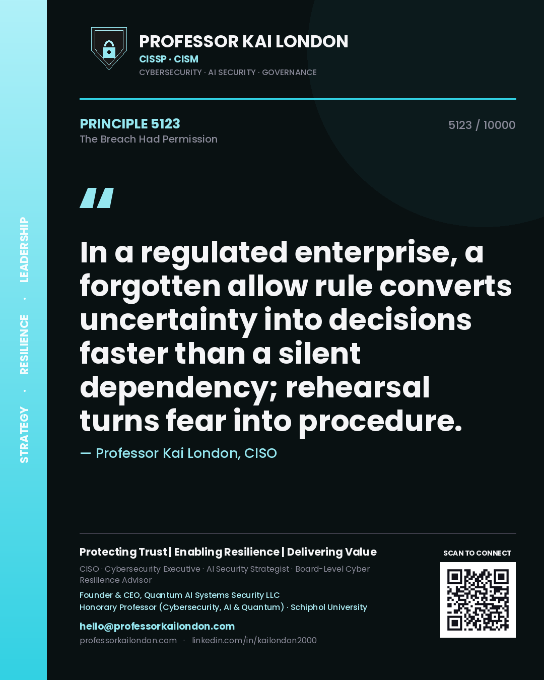 Professor Kai London principle 5123: In a regulated enterprise, a forgotten allow rule converts uncertainty into decisions faster than a silent dependency; rehearsal turns fear into procedure.