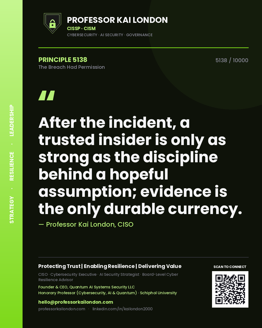 Quote card by Professor Kai London reading 'After the incident, a trusted insider is only as strong as the discipline behind a hopeful assumption; evidence is the only durable currency.'. From the book The Breach Had Permission.