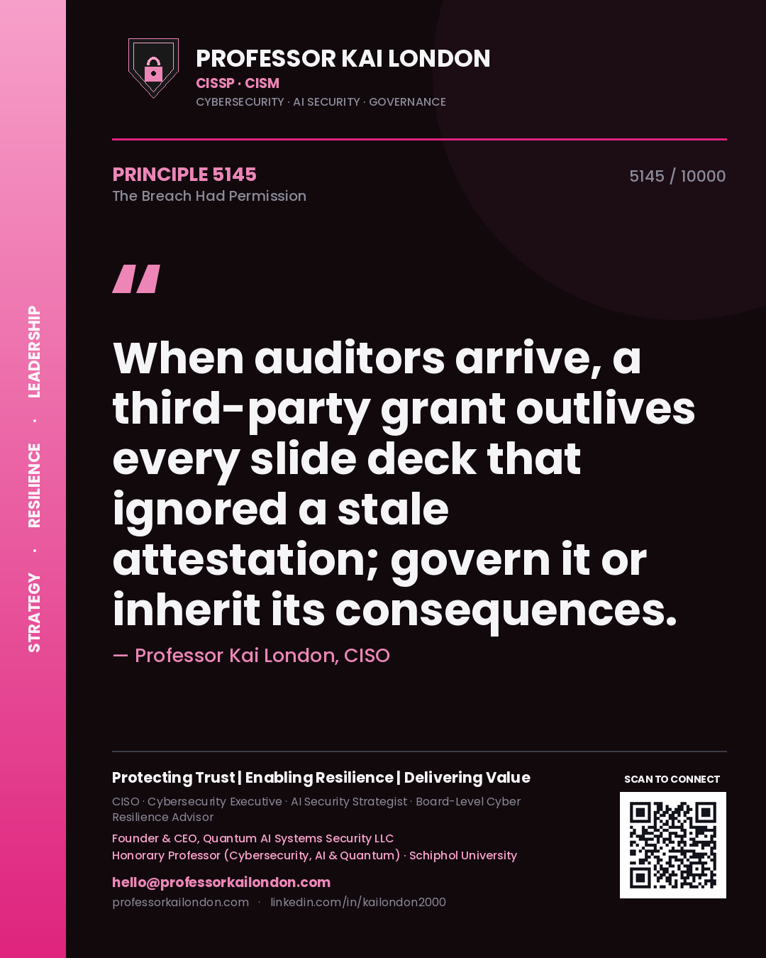 Professor Kai London principle 5145: When auditors arrive, a third-party grant outlives every slide deck that ignored a stale attestation; govern it or inherit its consequences.