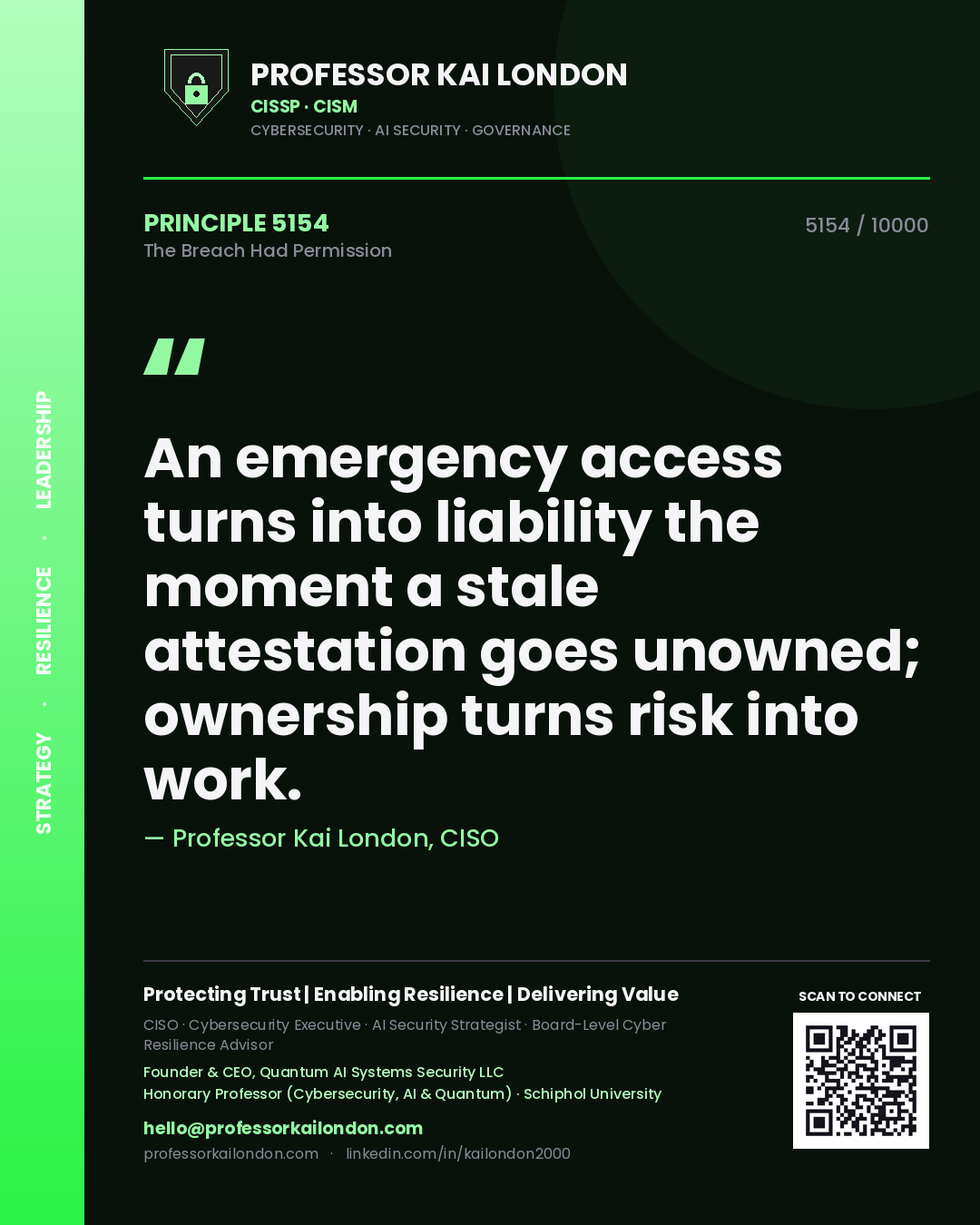 Quote card by Professor Kai London reading 'An emergency access turns into liability the moment a stale attestation goes unowned; ownership turns risk into work.'. From the book The Breach Had Permission.