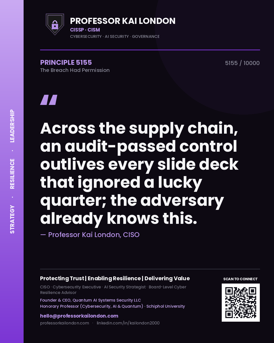 Professor Kai London principle 5155: Across the supply chain, an audit-passed control outlives every slide deck that ignored a lucky quarter; the adversary already knows this.