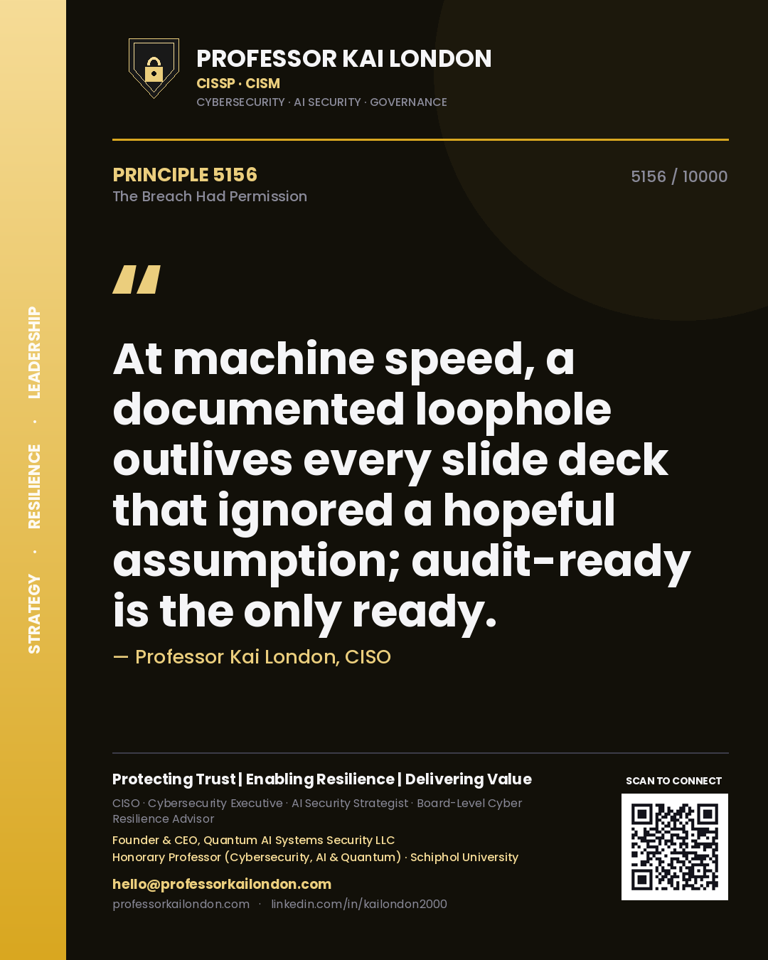 Professor Kai London principle 5156: At machine speed, a documented loophole outlives every slide deck that ignored a hopeful assumption; audit-ready is the only ready.
