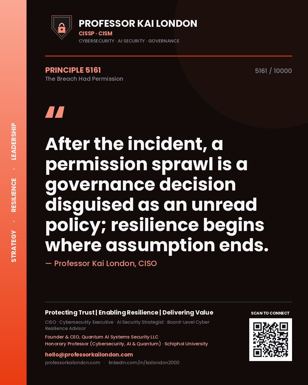 Professor Kai London principle 5161: After the incident, a permission sprawl is a governance decision disguised as an unread policy; resilience begins where assumption ends.