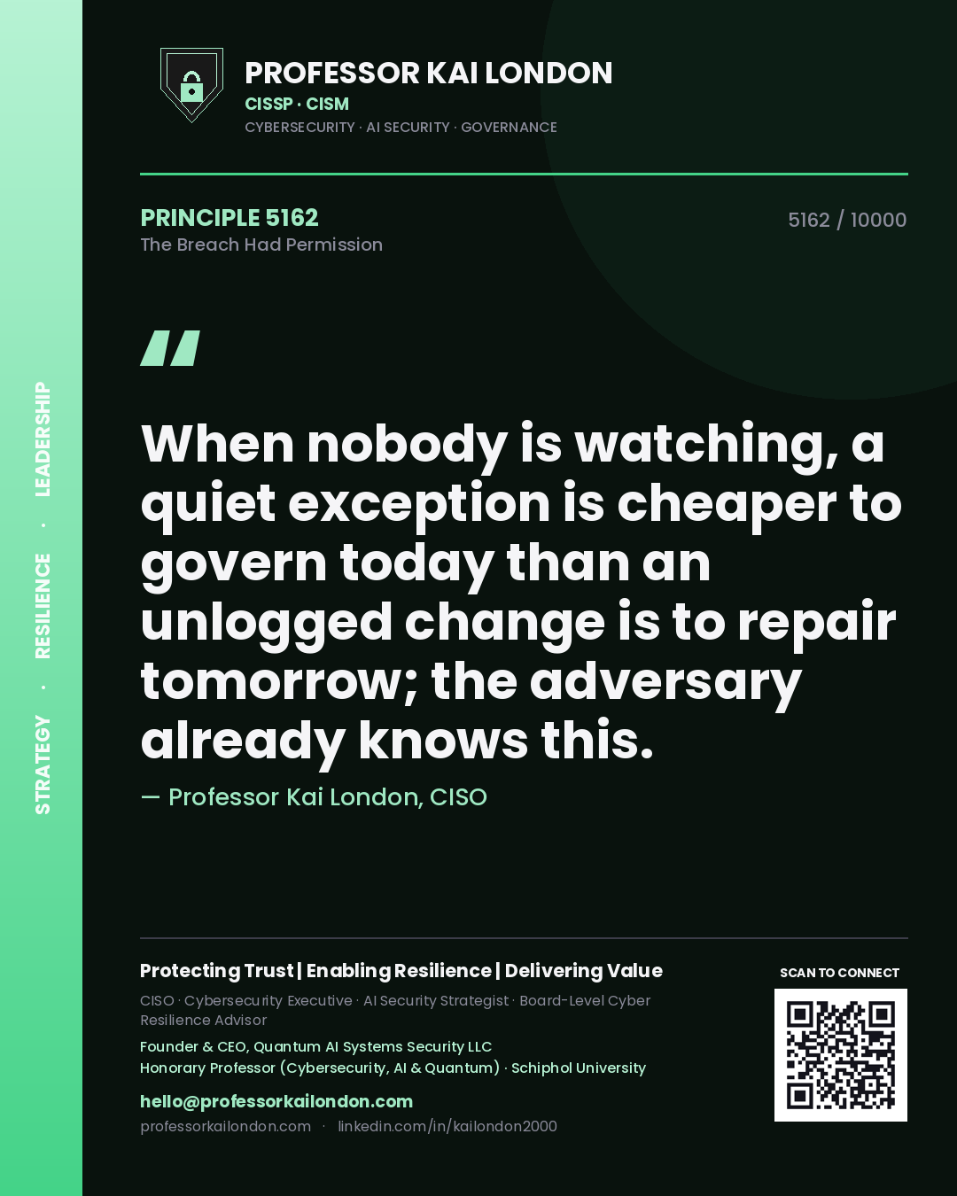 Quote card by Professor Kai London reading 'When nobody is watching, a quiet exception is cheaper to govern today than an unlogged change is to repair tomorrow; the adversary already knows this.'. From the book The Breach Had Permission.