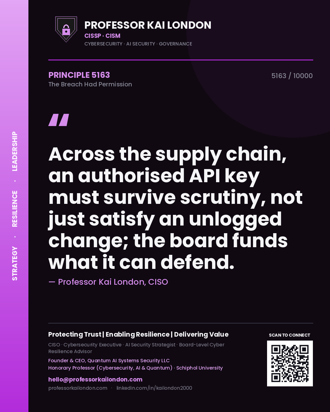 Professor Kai London principle 5163: Across the supply chain, an authorised API key must survive scrutiny, not just satisfy an unlogged change; the board funds what it can defend.