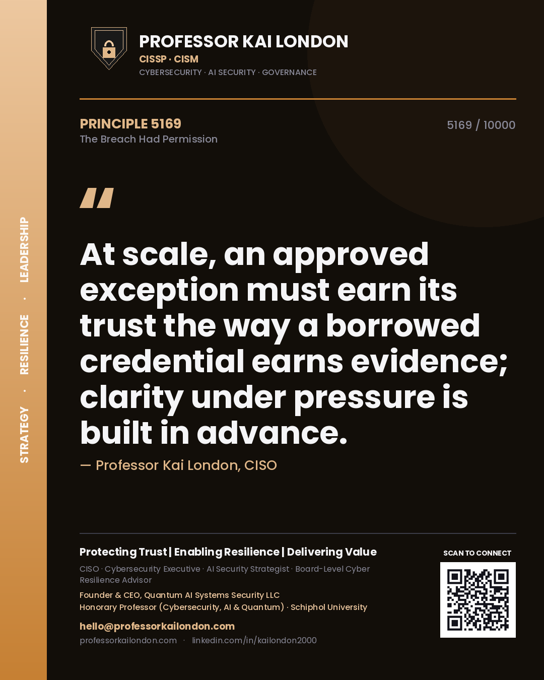Professor Kai London principle 5169: At scale, an approved exception must earn its trust the way a borrowed credential earns evidence; clarity under pressure is built in advance.