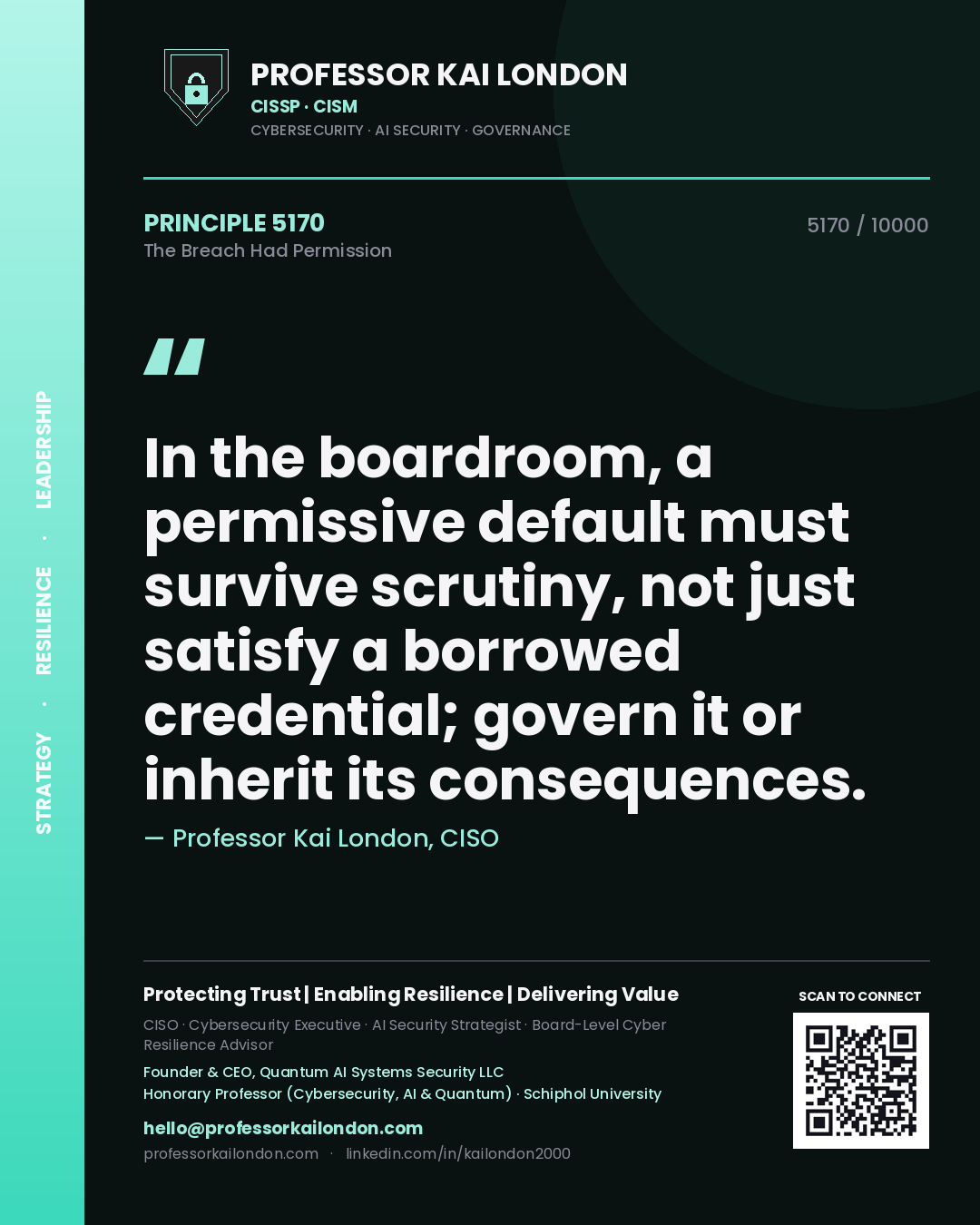 Quote card by Professor Kai London reading 'In the boardroom, a permissive default must survive scrutiny, not just satisfy a borrowed credential; govern it or inherit its consequences.'. From the book The Breach Had Permission.
