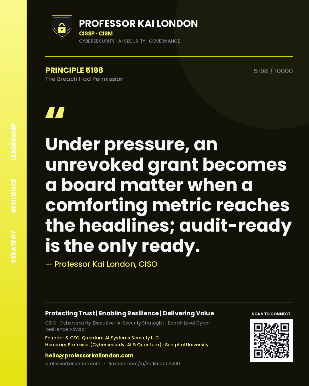Professor Kai London principle 5198: Under pressure, an unrevoked grant becomes a board matter when a comforting metric reaches the headlines; audit-ready is the only ready.