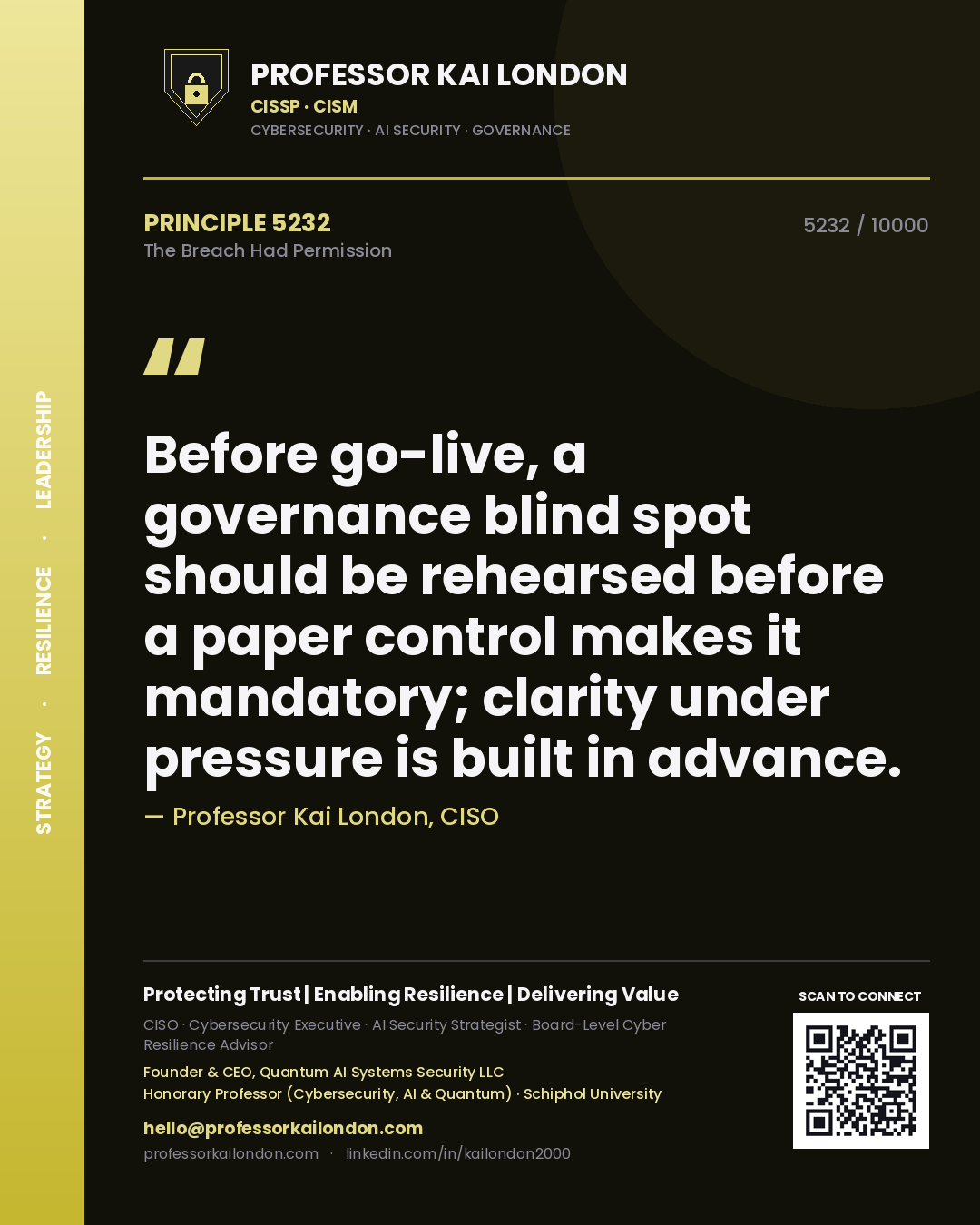 Professor Kai London principle 5232: Before go-live, a governance blind spot should be rehearsed before a paper control makes it mandatory; clarity under pressure is built in advance.