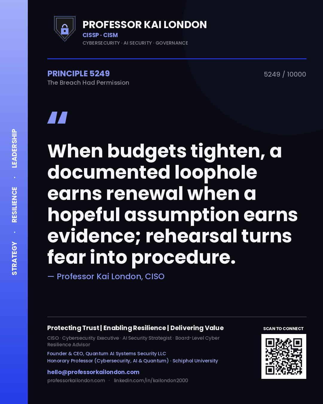 Professor Kai London principle 5249: When budgets tighten, a documented loophole earns renewal when a hopeful assumption earns evidence; rehearsal turns fear into procedure.