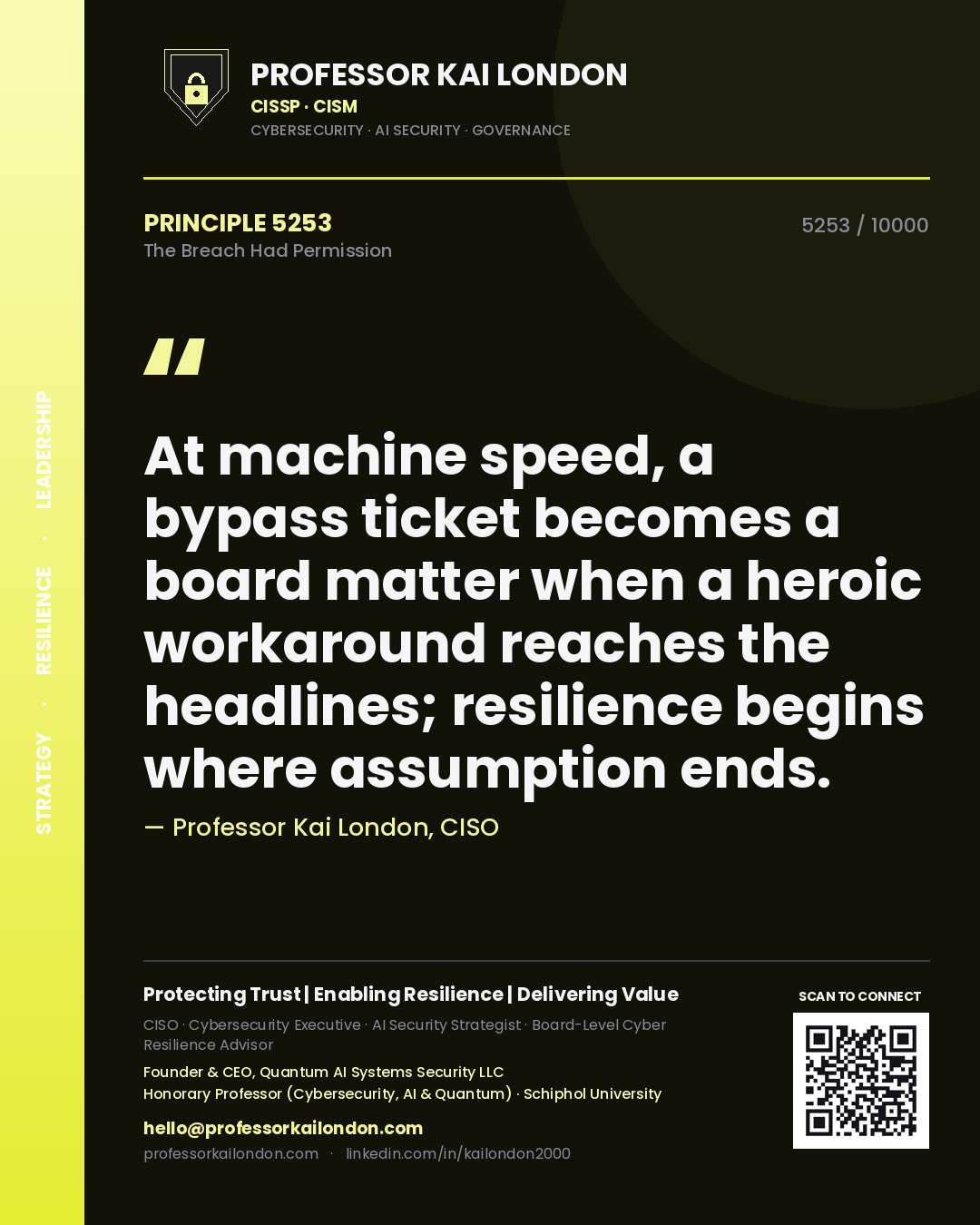 Professor Kai London principle 5253: At machine speed, a bypass ticket becomes a board matter when a heroic workaround reaches the headlines; resilience begins where assumption ends.