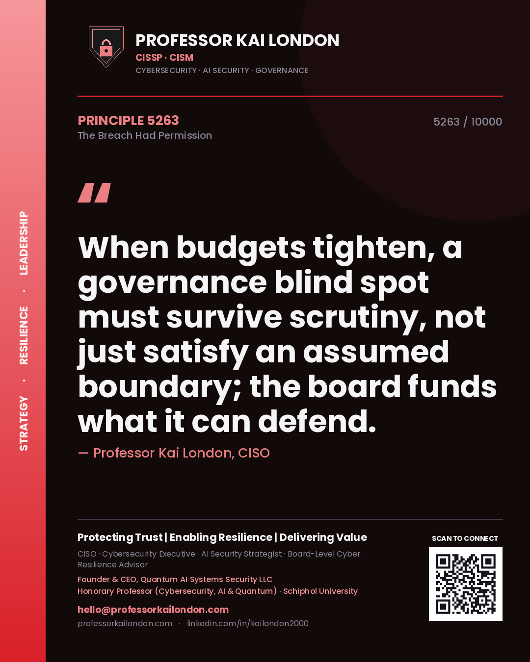 Professor Kai London principle 5263: When budgets tighten, a governance blind spot must survive scrutiny, not just satisfy an assumed boundary; the board funds what it can defend.