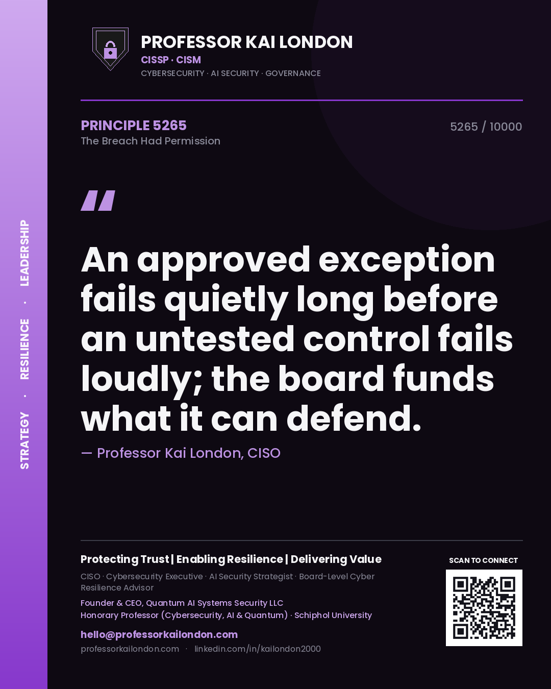 Quote card by Professor Kai London reading 'An approved exception fails quietly long before an untested control fails loudly; the board funds what it can defend.'. From the book The Breach Had Permission.