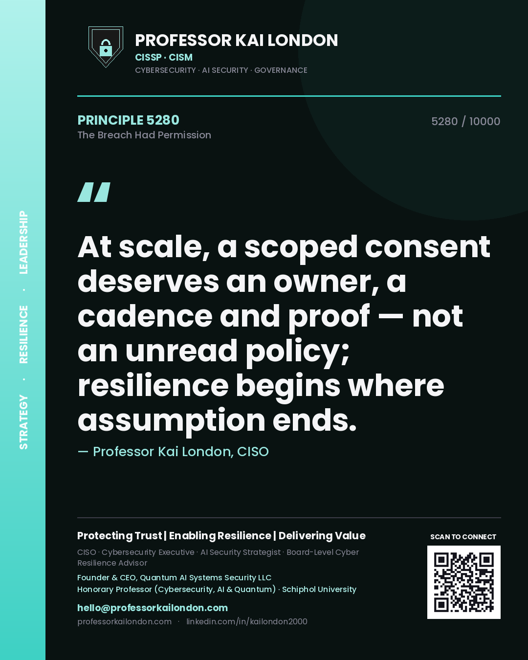 Quote card by Professor Kai London reading 'At scale, a scoped consent deserves an owner, a cadence and proof — not an unread policy; resilience begins where assumption ends.'. From the book The Breach Had Permission.